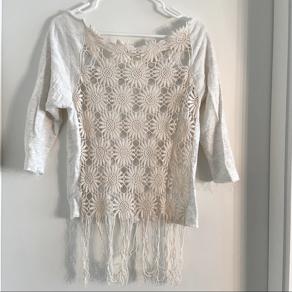 Boho Floral Crochet Back Sweater with Fringe